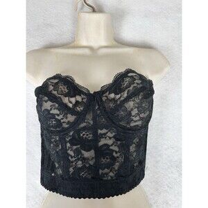 VTG Vogue Bra Black Lace long line low back boning strapless sheer lace bra 36 B